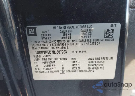 2011 GMC Acadia Slt-1 z USA, uszkodzony, nr VIN 1GKKVRED7BJ387903